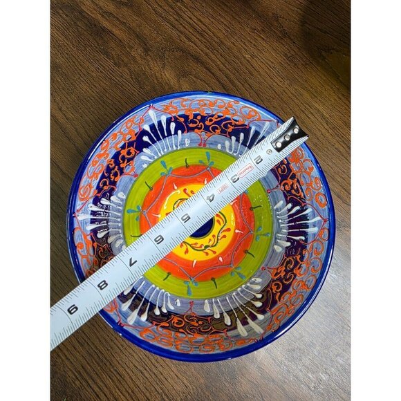 Hand-Painted Ceramic Bowl From Spain With Vibrant Blue Orange & Yellow Patterns - Picture 6 of 16